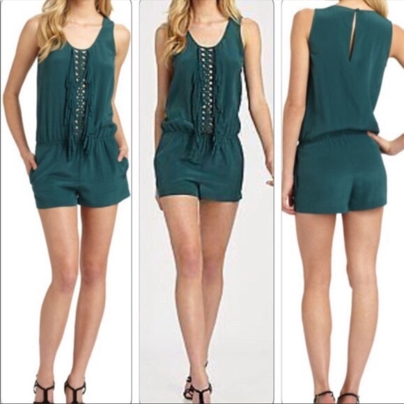 BCBGMaxAzria Pants - BCBG green fringe romper 100% silk BCBGMaxAzria Pants - BCBG green fringe romper 100% silk